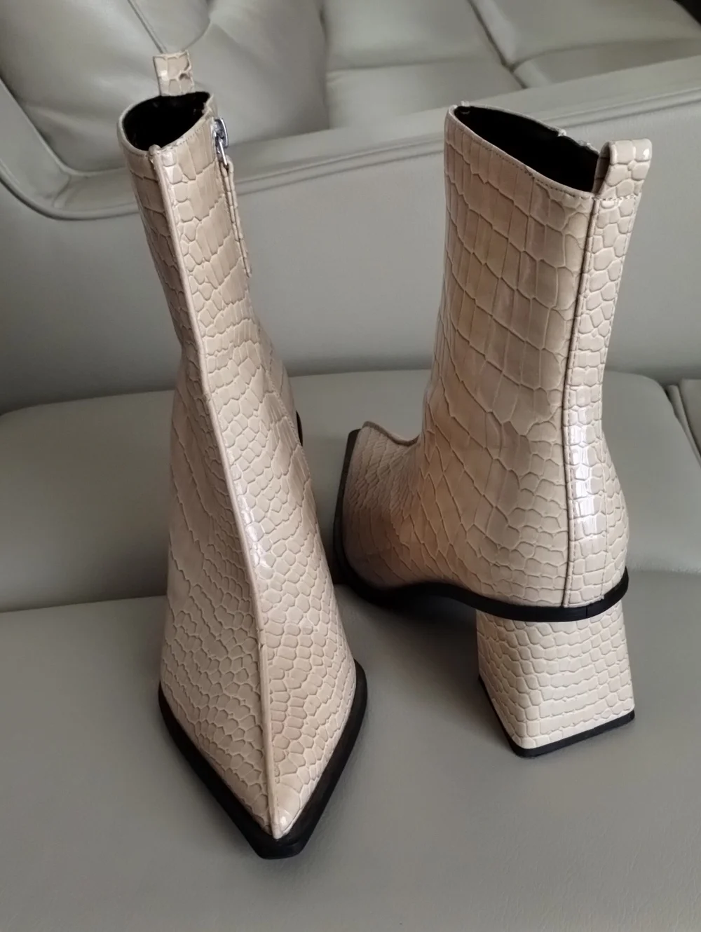 Topshop Cream Croc-Effect Square Toe Ankle Boots
